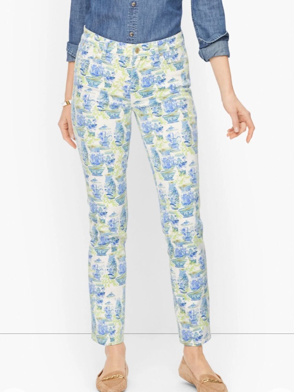 Talbots Coastal Blue Green Watercolor Vases Slim Ankle Crop Jeans 0
